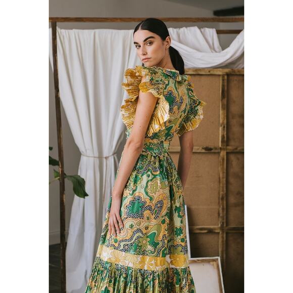 Celia B Green Floral Sunflower Ruffle Midi Dress Size Medium - Picture 2 of 11